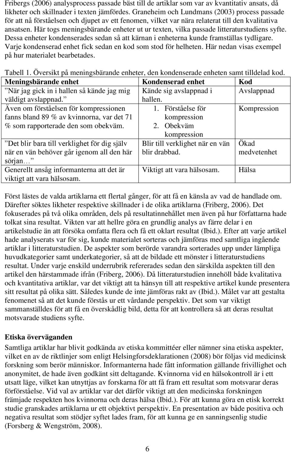 Här togs meningsbärande enheter ut ur texten, vilka passade litteraturstudiens syfte. Dessa enheter kondenserades sedan så att kärnan i enheterna kunde framställas tydligare.