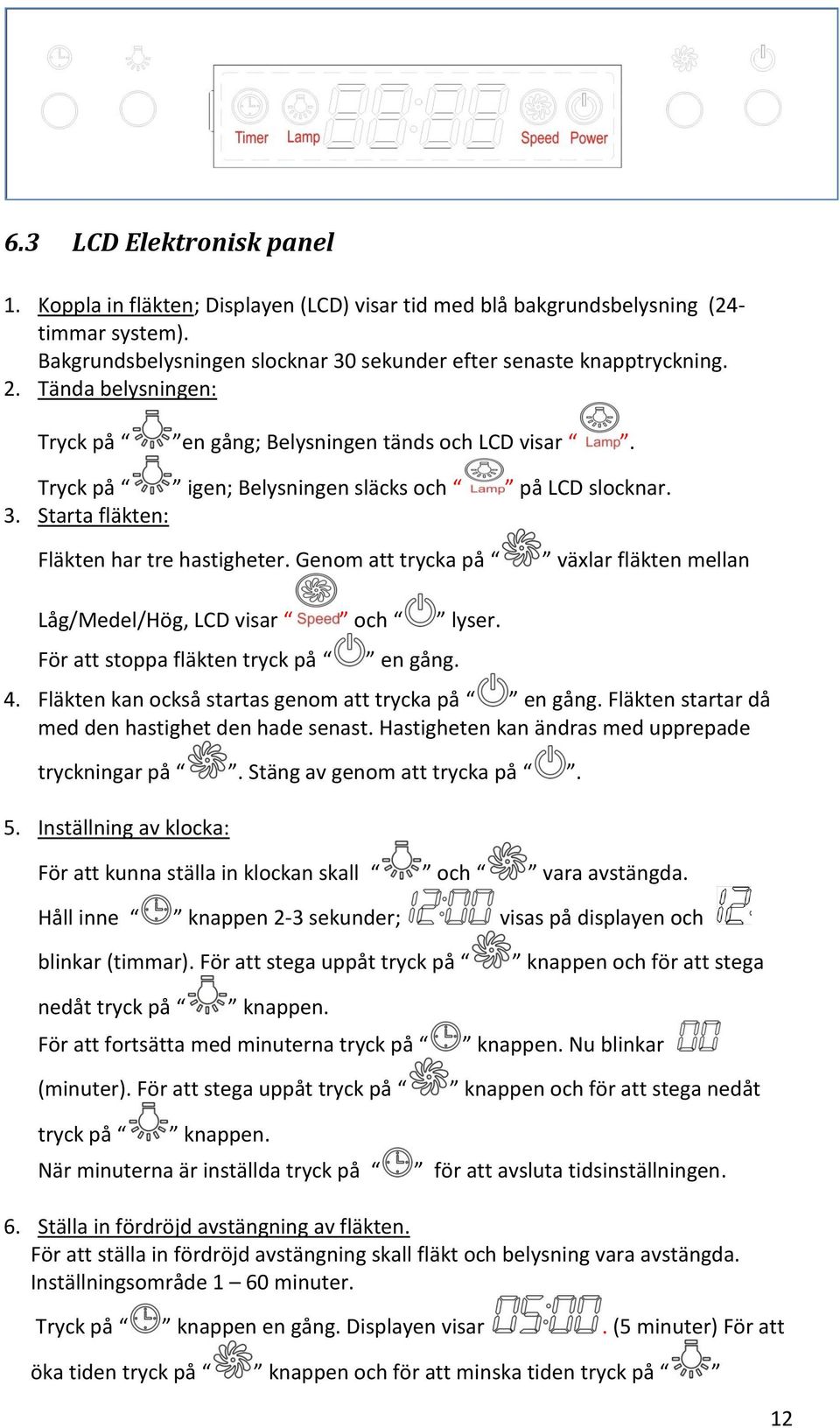 Genom att trycka på växlar fläkten mellan Låg/Medel/Hög, LCD visar och lyser. För att stoppa fläkten tryck på en gång. 4. Fläkten kan också startas genom att trycka på en gång.