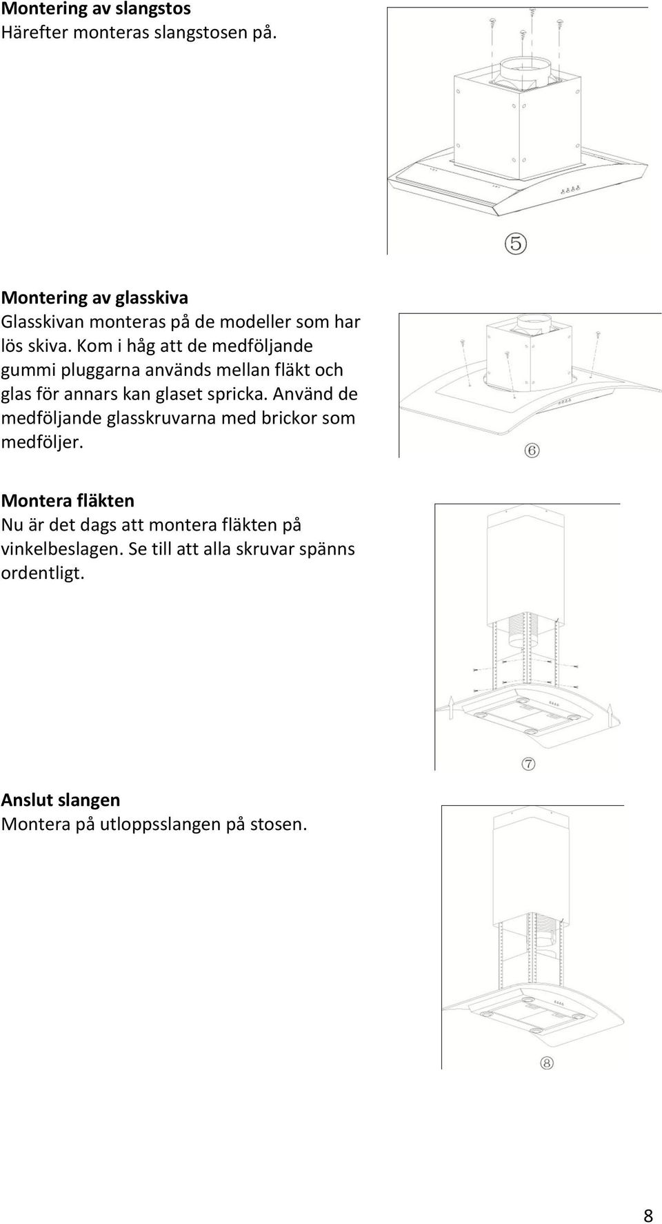 Kom i håg att de medföljande gummi pluggarna används mellan fläkt och glas för annars kan glaset spricka.