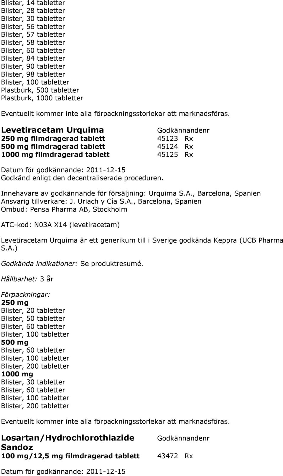 45125 Rx Innehavare av godkännande för försäljning: Urquima S.A.