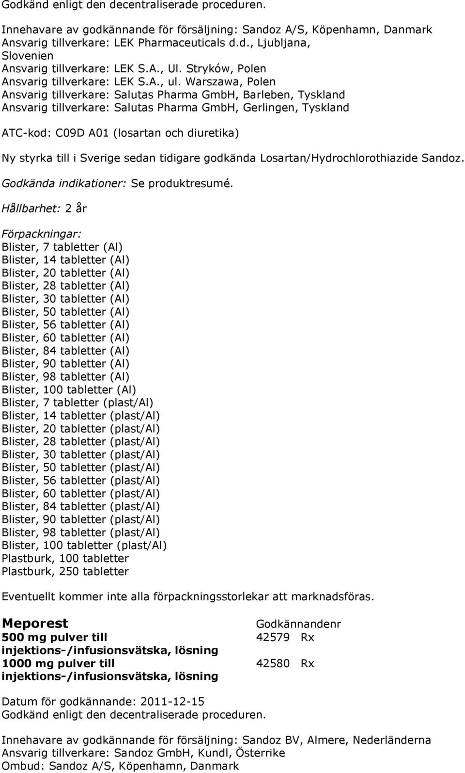 Warszawa, Polen Ansvarig tillverkare: Salutas Pharma GmbH, Barleben, Tyskland Ansvarig tillverkare: Salutas Pharma GmbH, Gerlingen, Tyskland ATC-kod: C09D A01 (losartan och diuretika) Ny styrka till