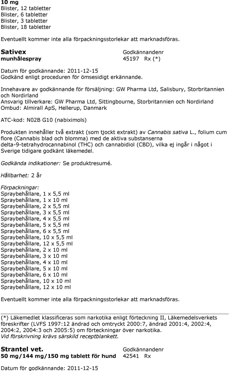 ApS, Hellerup, Danmark ATC-kod: N02B G10 (nabiximols) Produkten innehåller två extrakt (som tjockt extrakt) av Cannabis sativa L.