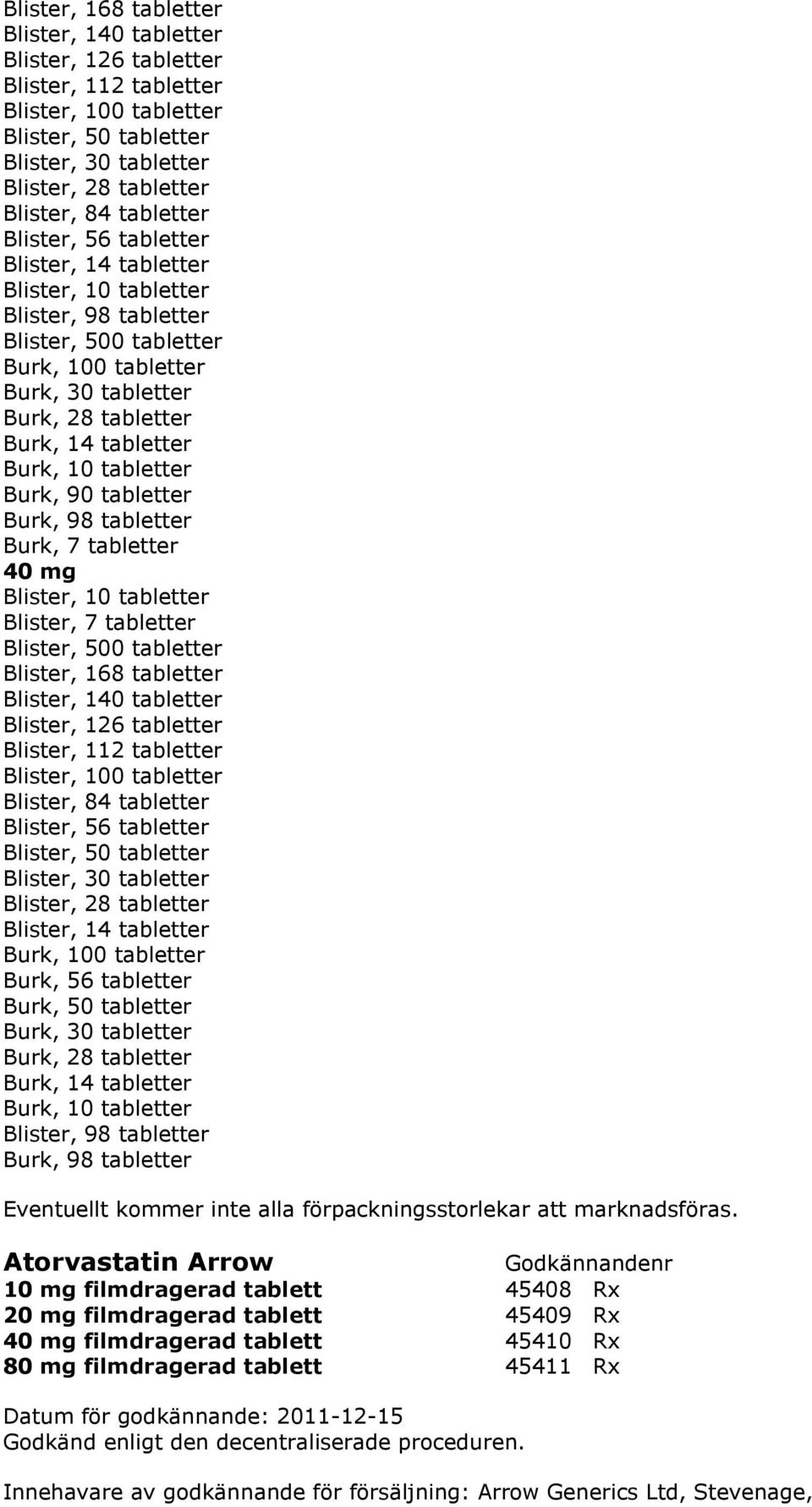 Burk, 90 tabletter Burk, 98 tabletter Burk, 7 tabletter 40 mg Blister, 10 tabletter Blister, 7 tabletter Blister, 500 tabletter Blister, 168 tabletter Blister, 140 tabletter Blister, 126 tabletter