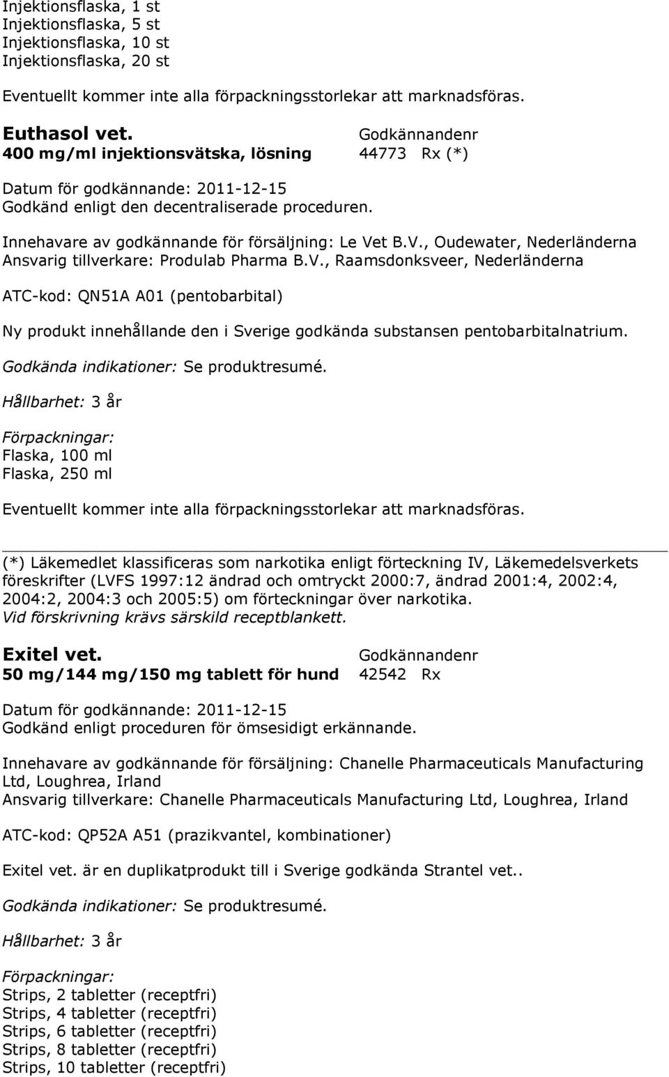 t B.V., Oudewater, Nederländerna Ansvarig tillverkare: Produlab Pharma B.V., Raamsdonksveer, Nederländerna ATC-kod: QN51A A01 (pentobarbital) Ny produkt innehållande den i Sverige godkända substansen pentobarbitalnatrium.