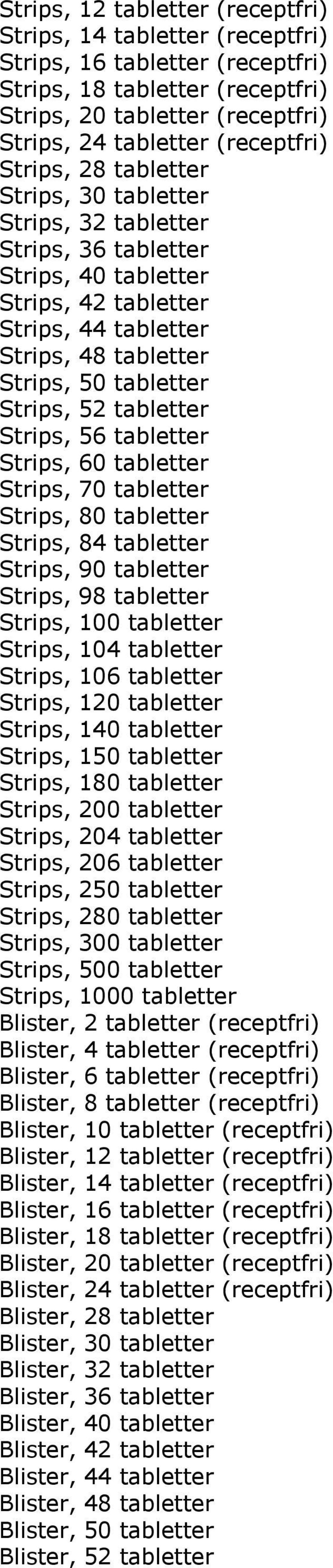 tabletter Strips, 56 tabletter Strips, 60 tabletter Strips, 70 tabletter Strips, 80 tabletter Strips, 84 tabletter Strips, 90 tabletter Strips, 98 tabletter Strips, 100 tabletter Strips, 104