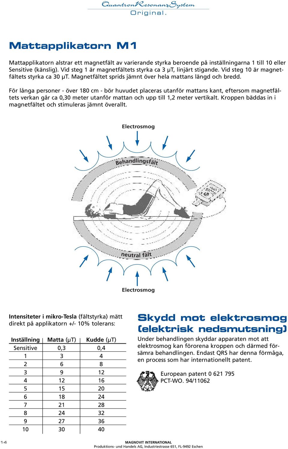 För långa personer - över 180 cm - bör huvudet placeras utanför mattans kant, eftersom magnetfältets verkan går ca 0,30 meter utanför mattan och upp till 1,2 meter vertikalt.