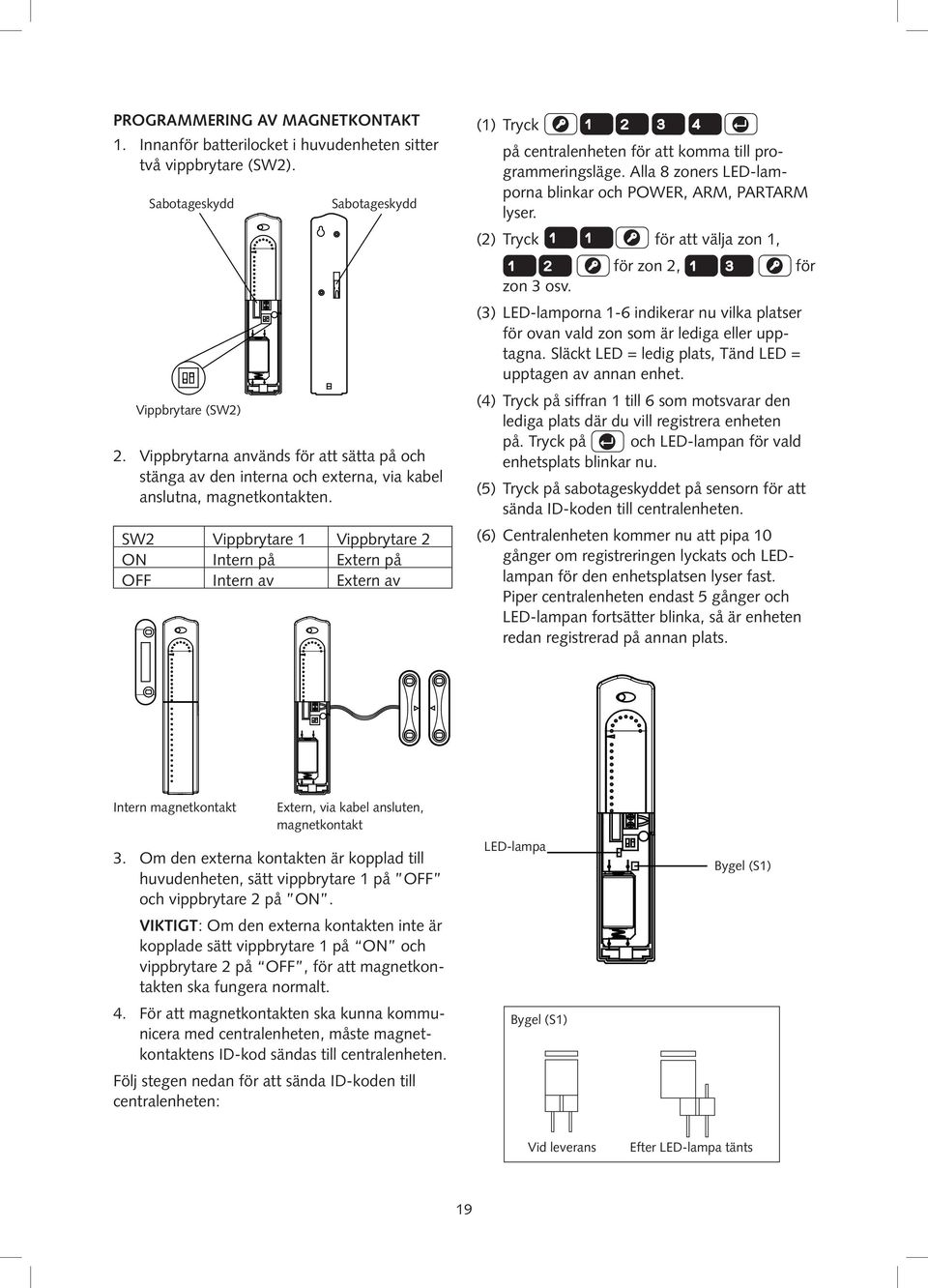 SW2 Vippbrytare 1 Vippbrytare 2 ON Intern på Extern på OFF Intern av Extern av (1) på centralenheten för att komma till programmeringsläge.