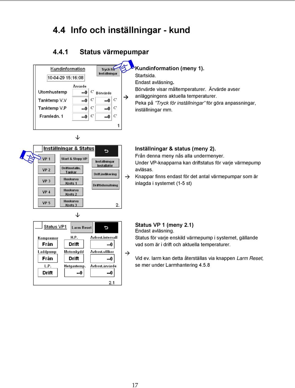 Från denna meny nås alla undermenyer. Under VP-knapparna kan driftstatus för varje värmepump avläsas.