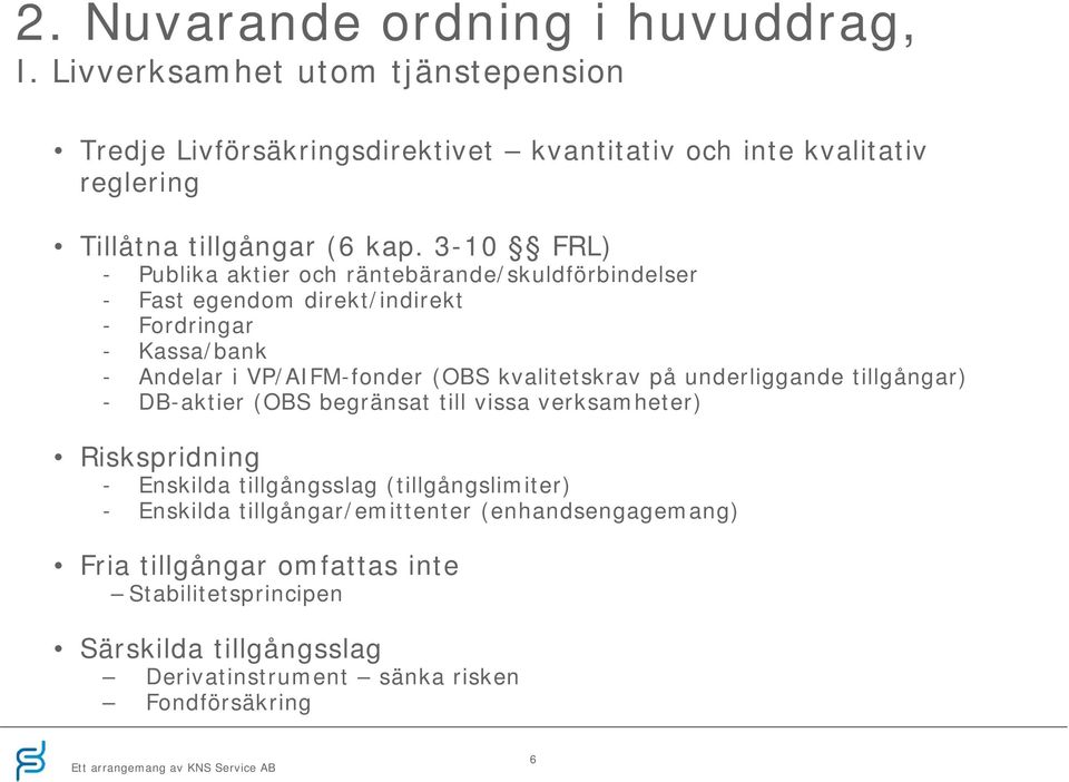 3-10 FRL) - Publika aktier och räntebärande/skuldförbindelser - Fast egendom direkt/indirekt - Fordringar - Kassa/bank - Andelar i VP/AIFM-fonder (OBS