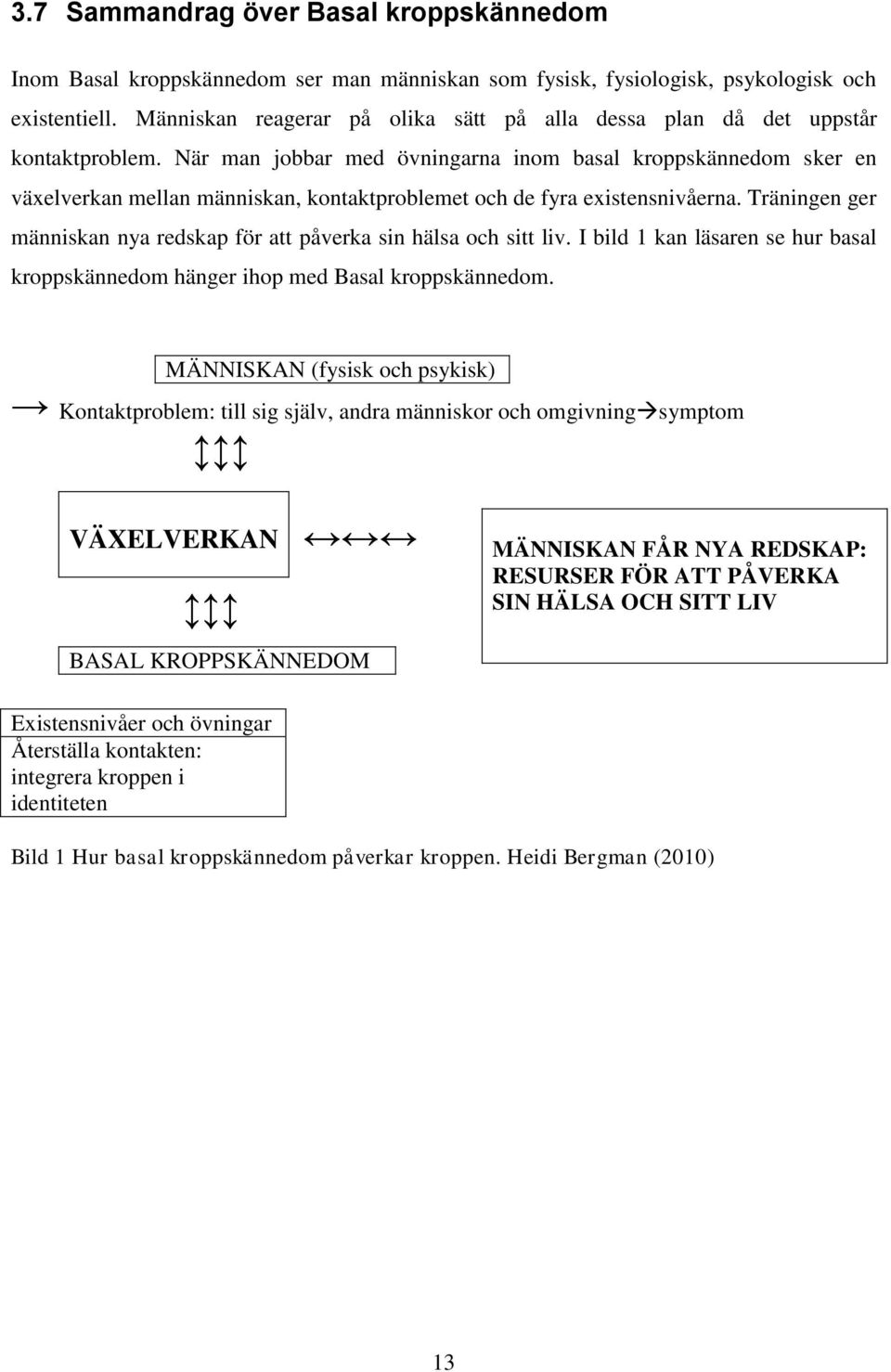 När man jobbar med övningarna inom basal kroppskännedom sker en växelverkan mellan människan, kontaktproblemet och de fyra existensnivåerna.