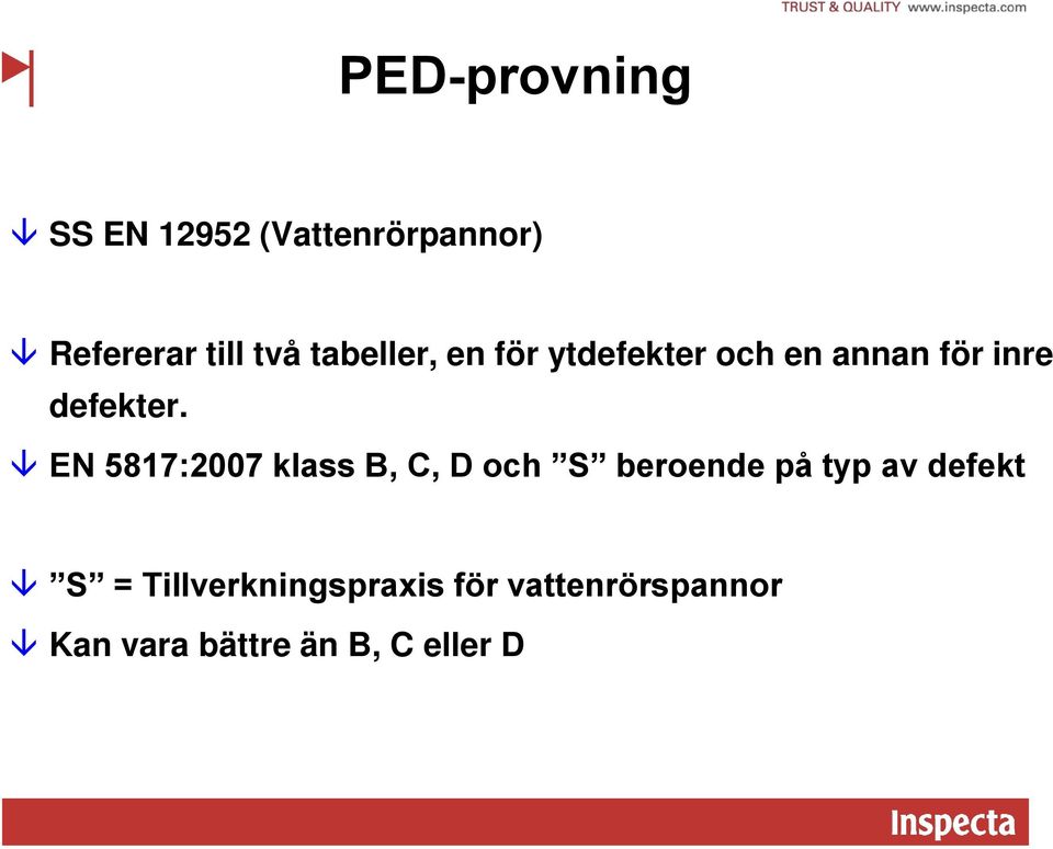 EN 5817:2007 klass B, C, D och S beroende på typ av defekt S