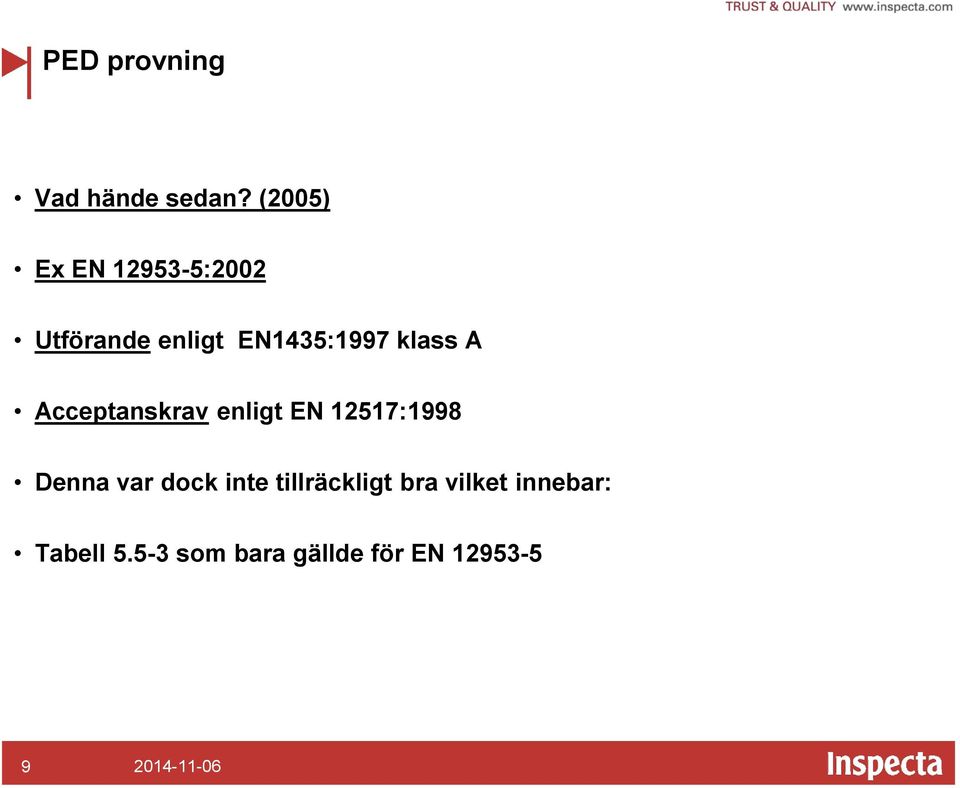 klass A Acceptanskrav enligt EN 12517:1998 Denna var dock