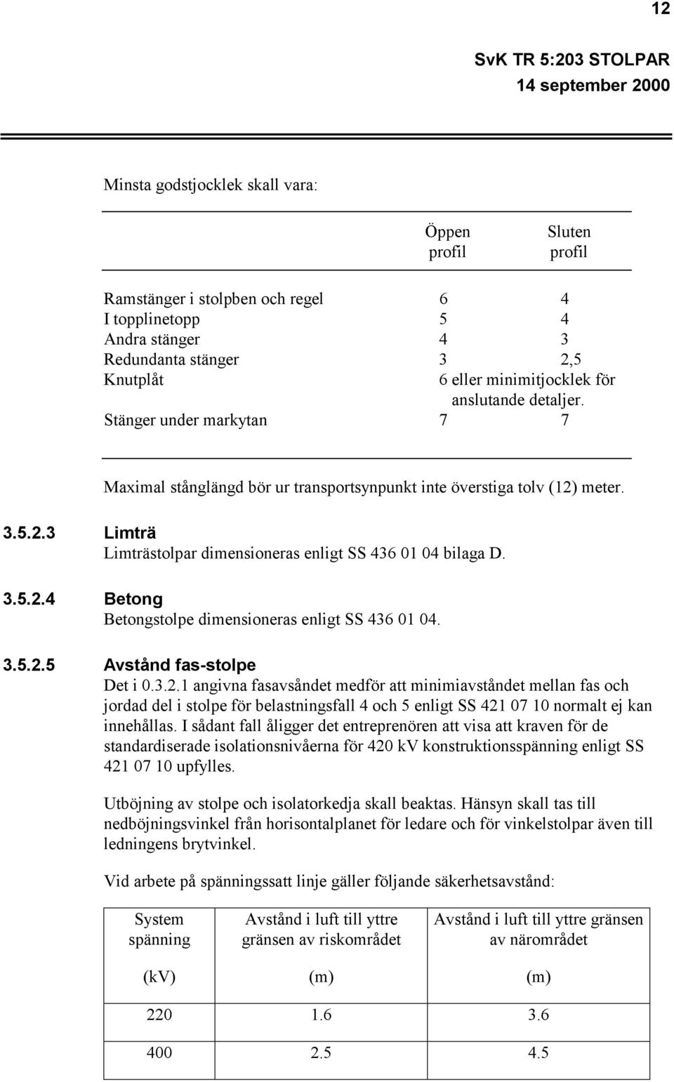 3.5.2.5 Avstånd fas-stolpe Det i 0.3.2.1 angivna fasavsåndet medför att minimiavståndet mellan fas och jordad del i stolpe för belastningsfall 4 och 5 enligt SS 421 07 10 normalt ej kan innehållas.