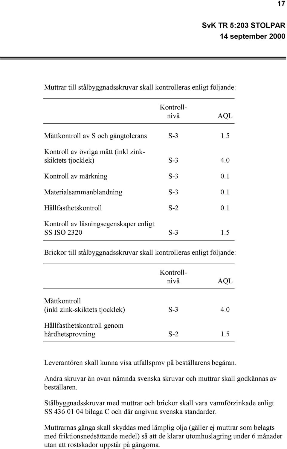 5 Brickor till stålbyggnadsskruvar skall kontrolleras enligt följande: Kontrollnivå AQL Måttkontroll (inkl zink-skiktets tjocklek) S-3 4.0 Hållfasthetskontroll genom hårdhetsprovning S-2 1.