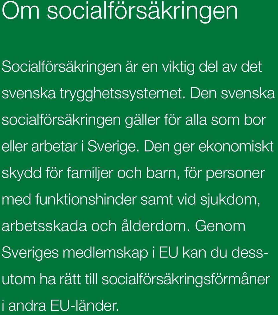 Den ger ekonomiskt skydd för familjer och barn, för personer med funktionshinder samt vid sjukdom,