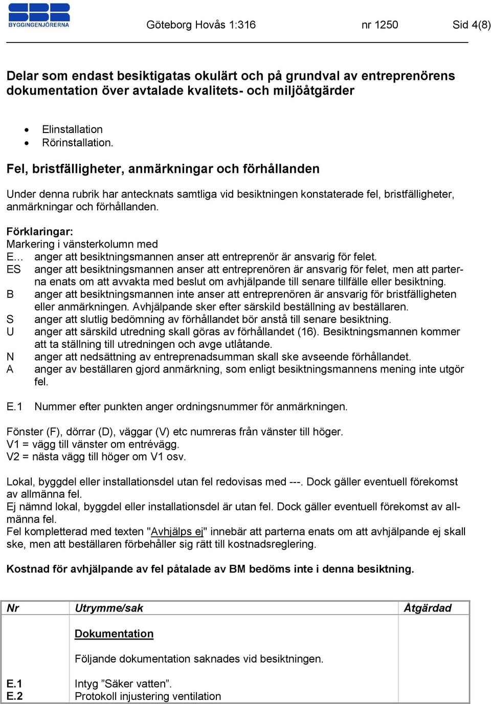 Förklaringar: Markering i vänsterkolumn med E anger att besiktningsmannen anser att entreprenör är ansvarig för felet.