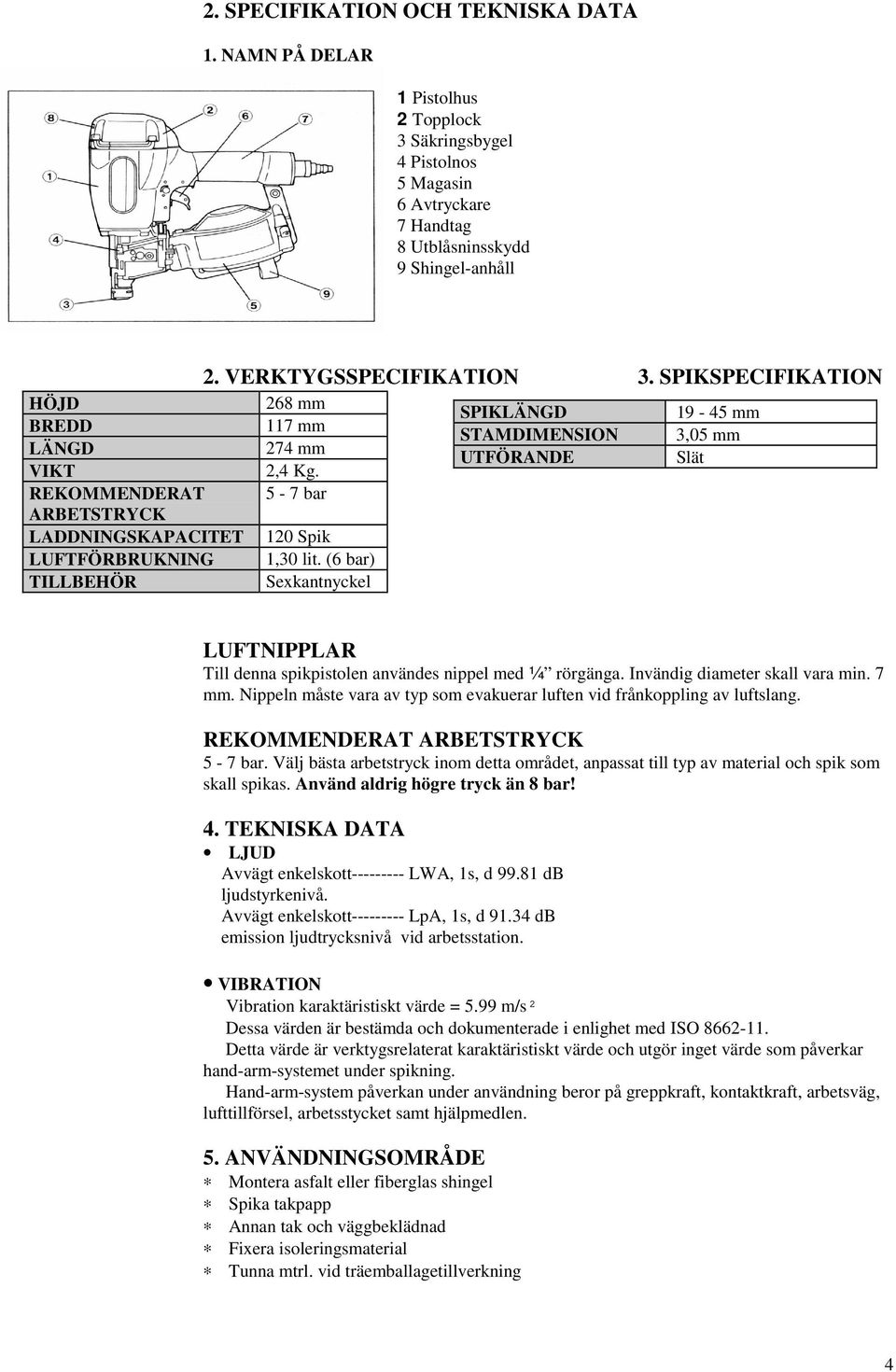 REKOMMENDERAT 5-7 bar ARBETSTRYCK LADDNINGSKAPACITET 120 Spik LUFTFÖRBRUKNING 1,30 lit. (6 bar) TILLBEHÖR Sexkantnyckel LUFTNIPPLAR Till denna spikpistolen användes nippel med ¼ rörgänga.