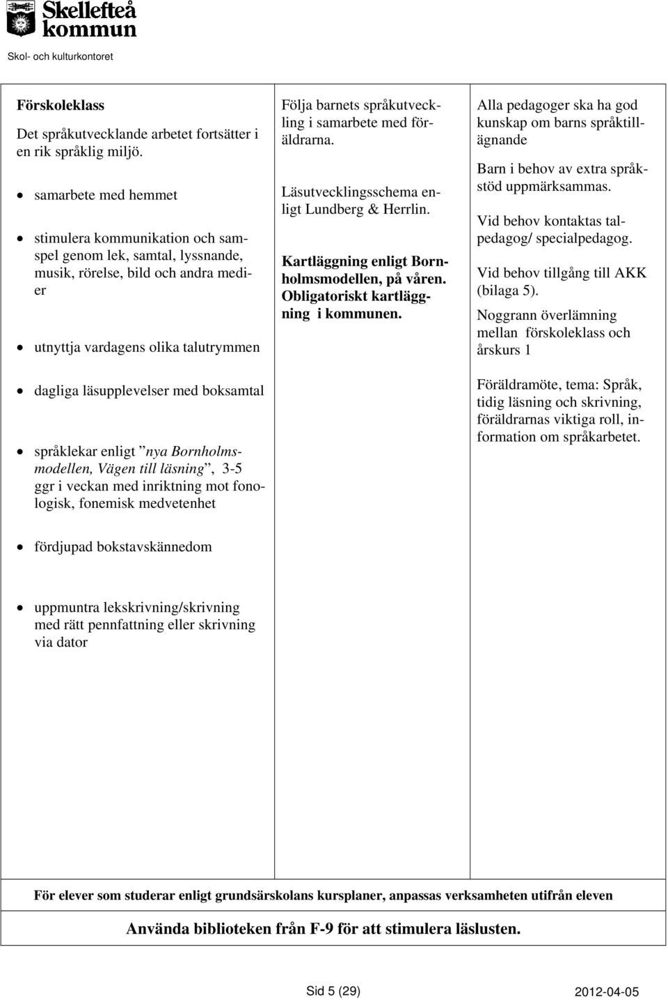 språklekar enligt nya Bornholmsmodellen, Vägen till läsning, 3-5 ggr i veckan med inriktning mot fonologisk, fonemisk medvetenhet Följa barnets språkutveckling i samarbete med föräldrarna.
