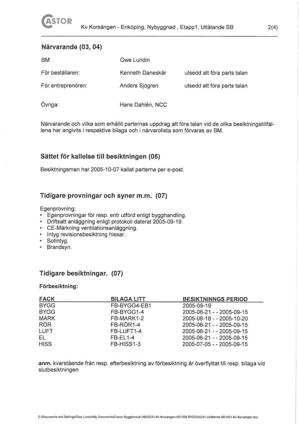 närvarolista som förvaras av BM. Sättet för kallelse till besiktningen (05) Besiktningsman har 2005-10-07 kallat parterna per e-post. Tidigare provningar och syner m.m. (07) Egen provning: Egenprovningar för resp.