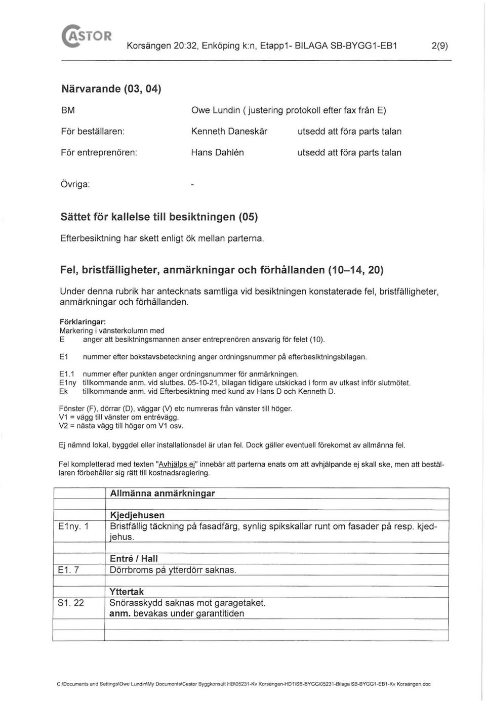 Fel, bristfälligheter, anmärkningar och förhållanden (10-14, 20) Under denna rubrik har antecknats samtliga vid besiktningen konstaterade fe l, bristfälligheter, anmärkningar och förhållanden.