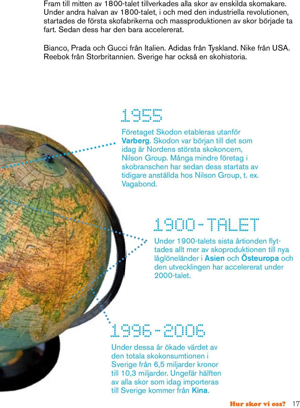 Bianco, Prada och Gucci från Italien. Adidas från Tyskland. Nike från USA. Reebok från Storbritannien. Sverige har också en skohistoria. 1955 Företaget Skodon etableras utanför Varberg.