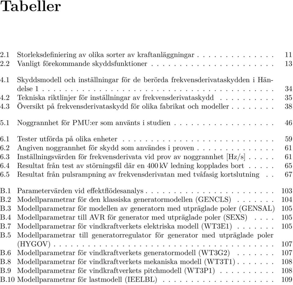 ......... 35 4.3 Översikt på frekvensderivataskydd för olika fabrikat och modeller........ 38 5.1 Noggrannhet för PMU:er som använts i studien.................. 46 6.1 Tester utförda på olika enheter.