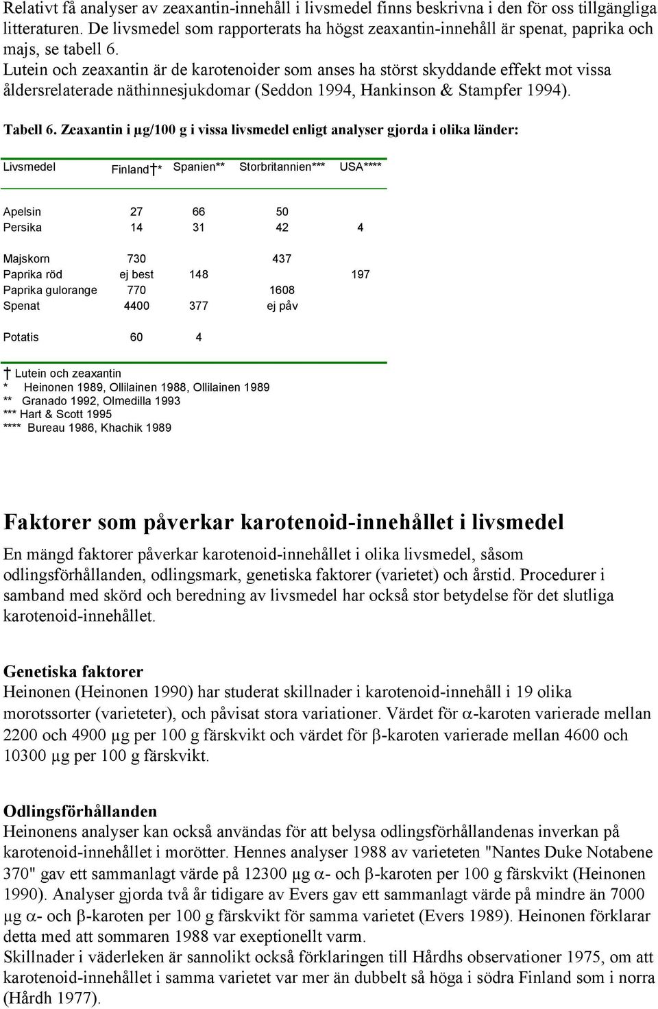 Lutein och zeaxantin är de karotenoider som anses ha störst skyddande effekt mot vissa åldersrelaterade näthinnesjukdomar (Seddon 1994, Hankinson & Stampfer 1994). Tabell 6.