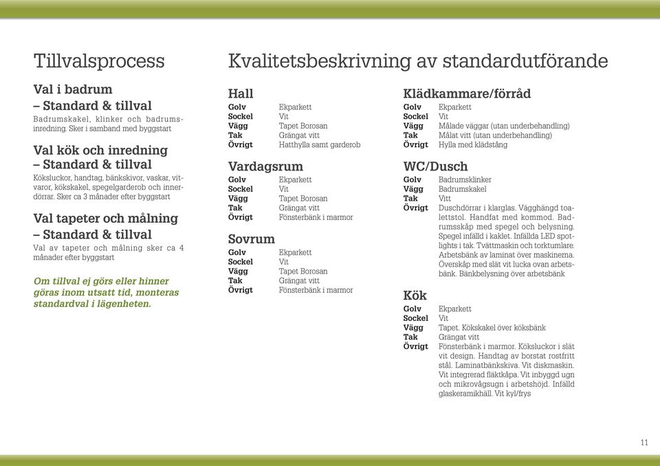 Sker ca 3 månader efter byggstart Val tapeter och målning Standard & tillval Val av tapeter och målning sker ca 4 månader efter byggstart Om tillval ej görs eller hinner göras inom utsatt tid,