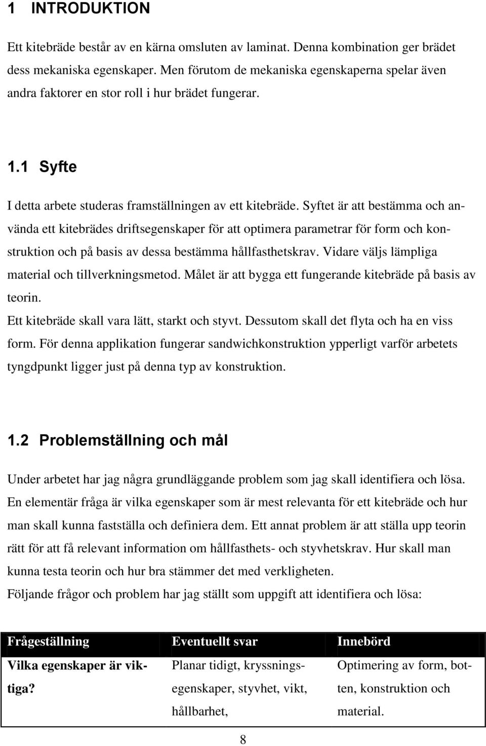 Syftet är att bestämma och använda ett kitebrädes driftsegenskaper för att optimera parametrar för form och konstruktion och på basis av dessa bestämma hållfasthetskrav.