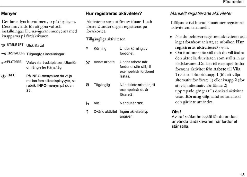 Hur registreras aktiviteter? Aktiviteter som utförs av förare 1 och förare 2 under dagen registreras på förarkortet.