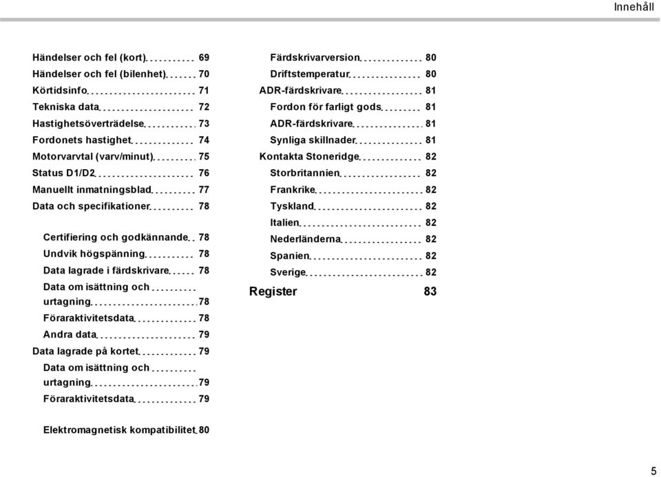 78 Andra data 79 Data lagrade på kortet 79 Data om isättning och urtagning 79 Föraraktivitetsdata 79 Färdskrivarversion 80 Driftstemperatur 80 ADR-färdskrivare 81 Fordon för farligt gods 81