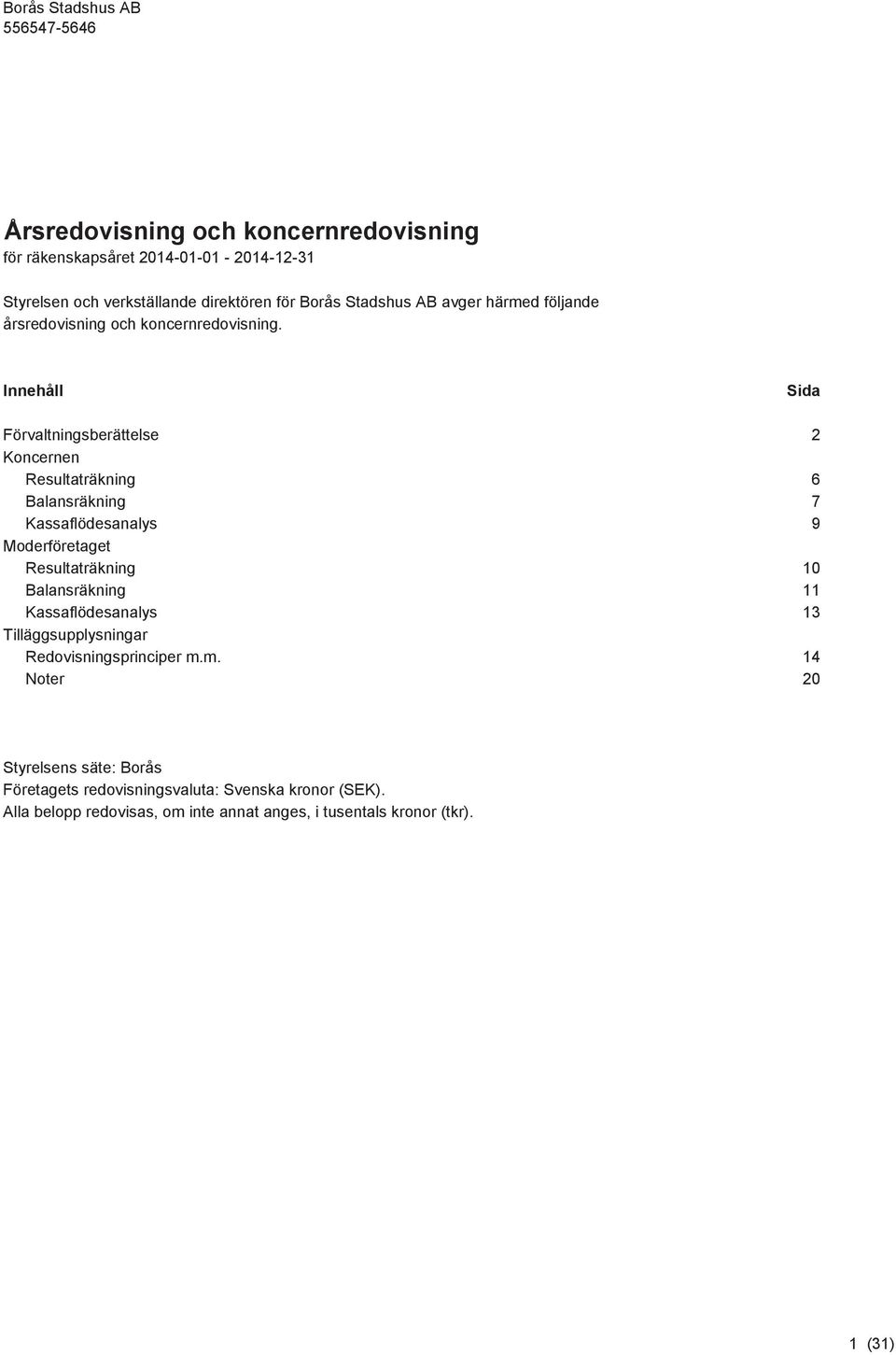 Innehåll Sida Förvaltningsberättelse 2 Koncernen Resultaträkning 6 Balansräkning 7 Kassaflödesanalys 9 Moderföretaget Resultaträkning 10 Balansräkning 11