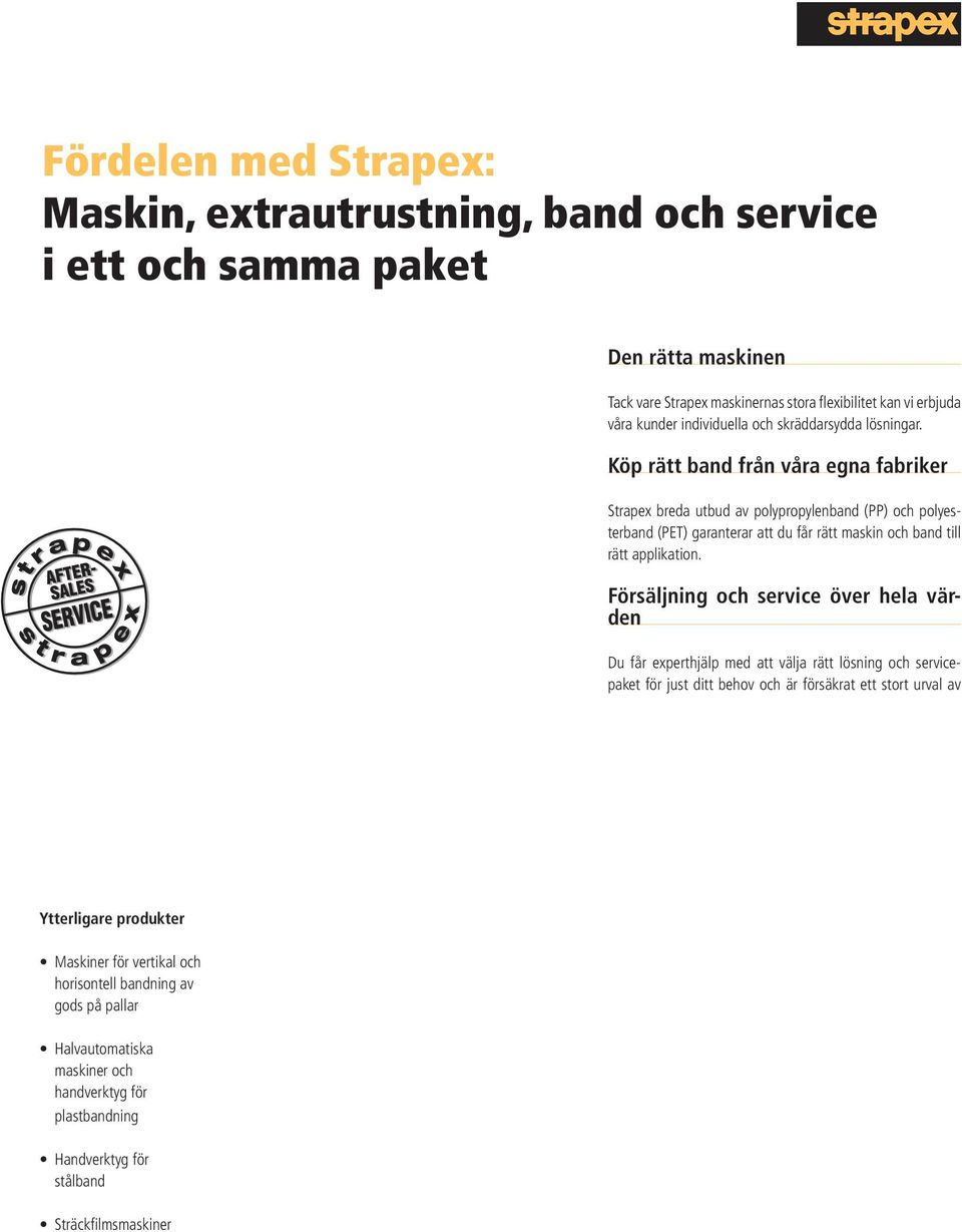 Köp rätt band från våra egna fabriker Strapex breda utbud av polypropylenband (PP) och polyesterband (PET) garanterar att du får rätt maskin och band till rätt applikation.