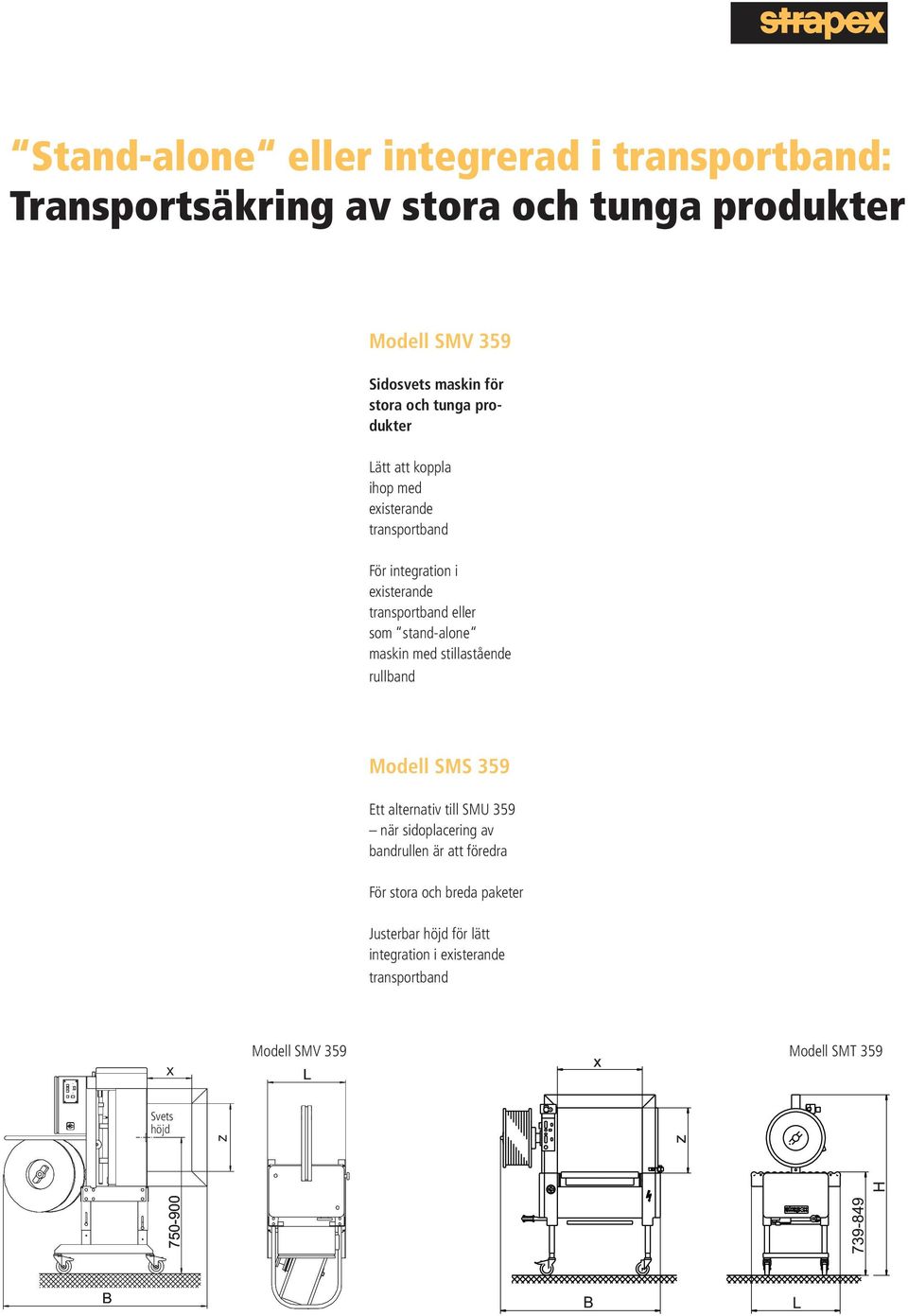stand-alone maskin med stillastående rullband Modell SMS 359 Ett alternativ till SMU 359 när sidoplacering av bandrullen är att föredra