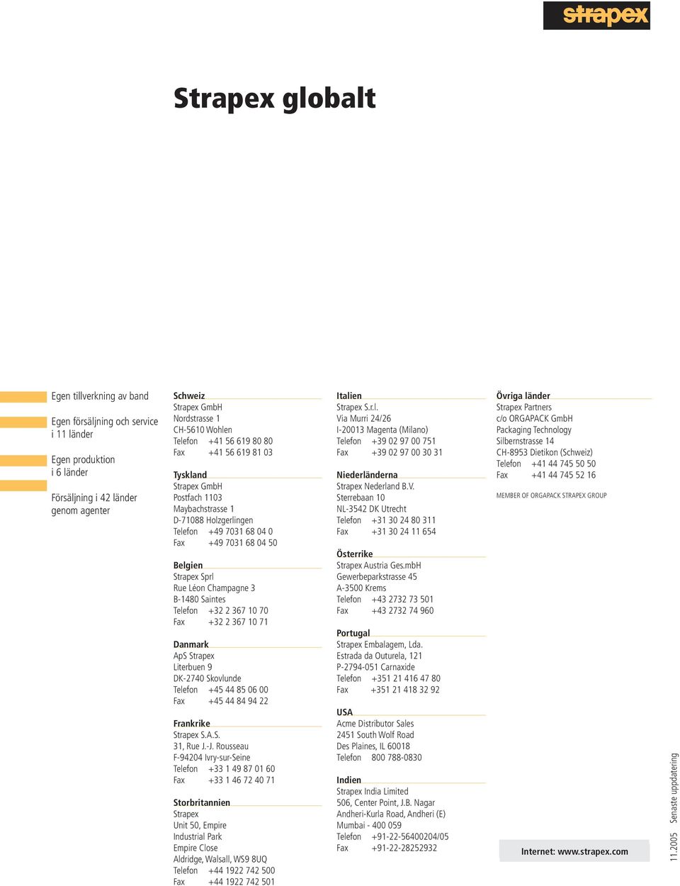 Belgien Strapex Sprl Rue Léon Champagne 3 B-1480 Saintes Telefon +32 2 367 10 70 Fax +32 2 367 10 71 Danmark ApS Strapex Literbuen 9 DK-2740 Skovlunde Telefon +45 44 85 06 00 Fax +45 44 84 94 22