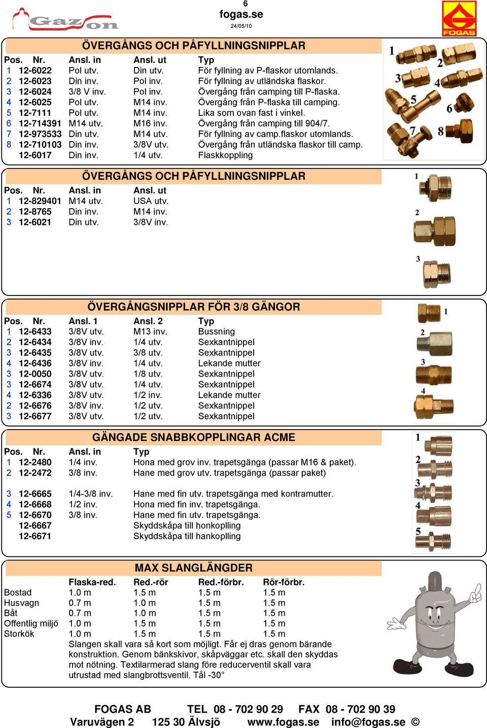 6 12-714391 M14 utv. M16 inv. Övergång från camping till 904/7. 7 12-973533 Din utv. M14 utv. För fyllning av camp.flaskor utomlands. 8 12-710103 Din inv. 3/8V utv.