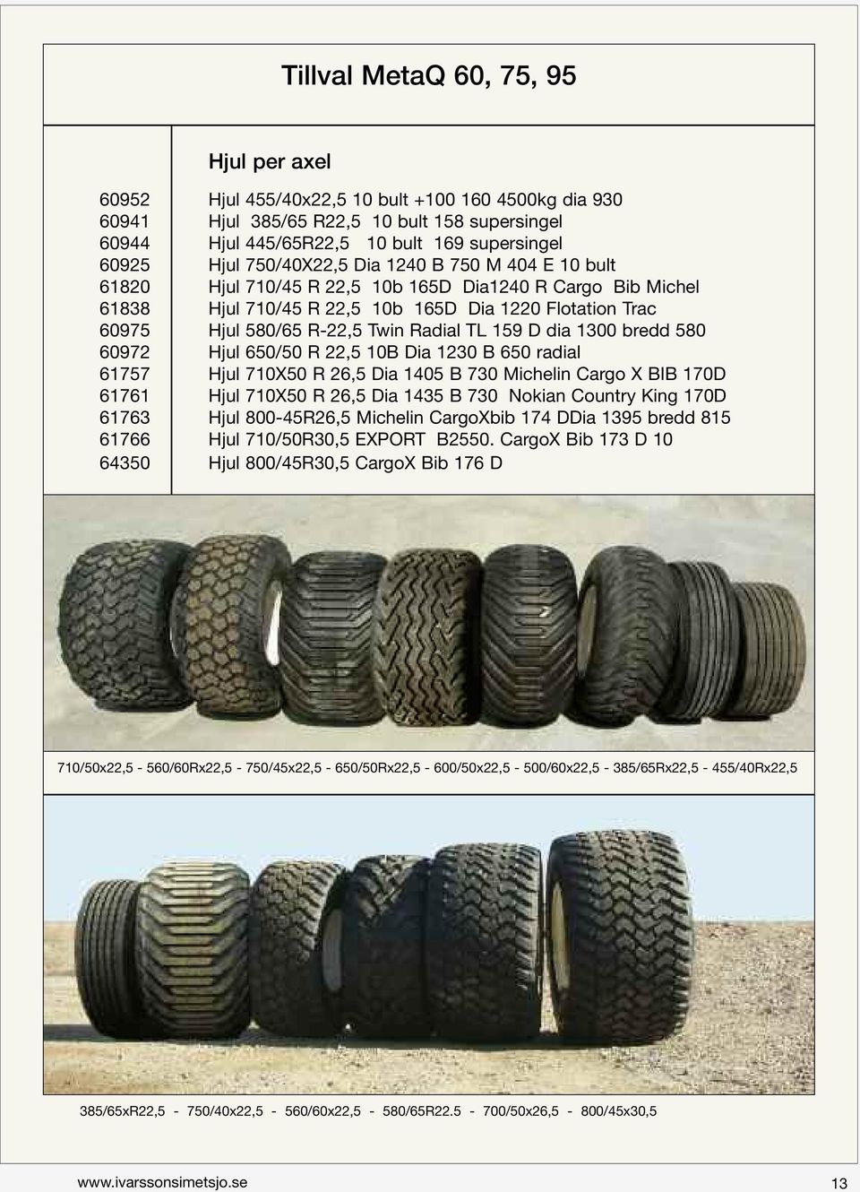 TL 159 D dia 1300 bredd 580 60972 Hjul 650/50 R 22,5 10B Dia 1230 B 650 radial 61757 Hjul 710X50 R 26,5 Dia 1405 B 730 Michelin Cargo X BIB 170D 61761 Hjul 710X50 R 26,5 Dia 1435 B 730 Nokian Country