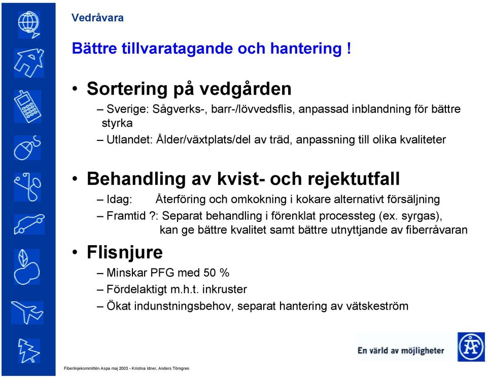 anpassning till olika kvaliteter Behandling av kvist- och rejektutfall Idag: Återföring och omkokning i kokare alternativt försäljning Framtid?