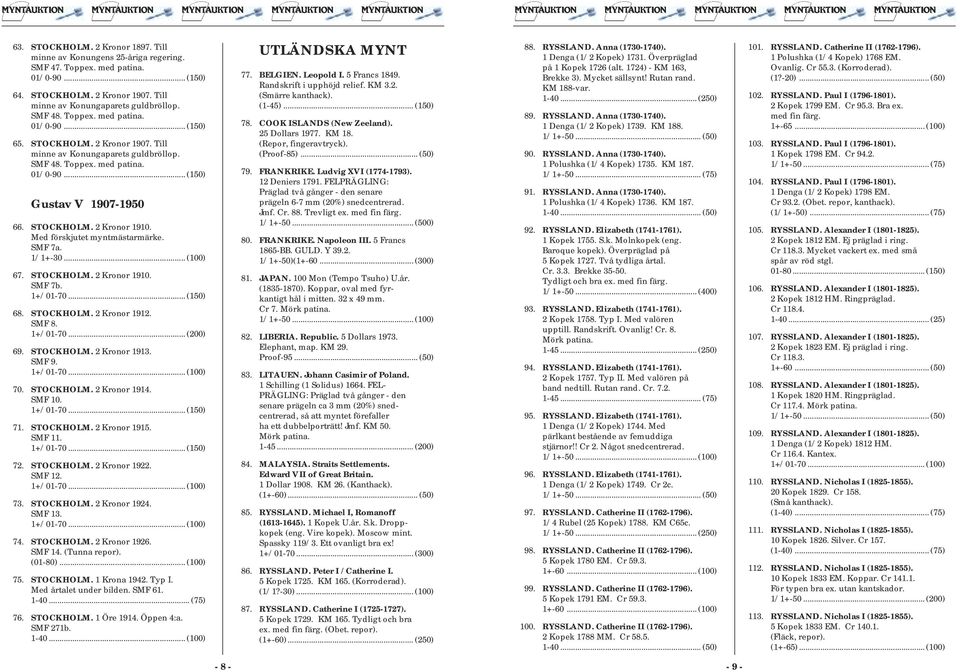 .. (100) 67. STOCKHOLM. 2 Kronor 1910. SMF 7b. 1+/01-70... (150) 68. STOCKHOLM. 2 Kronor 1912. SMF 8. 1+/01-70... (200) 69. STOCKHOLM. 2 Kronor 1913. SMF 9. 70. STOCKHOLM. 2 Kronor 1914. SMF 10.