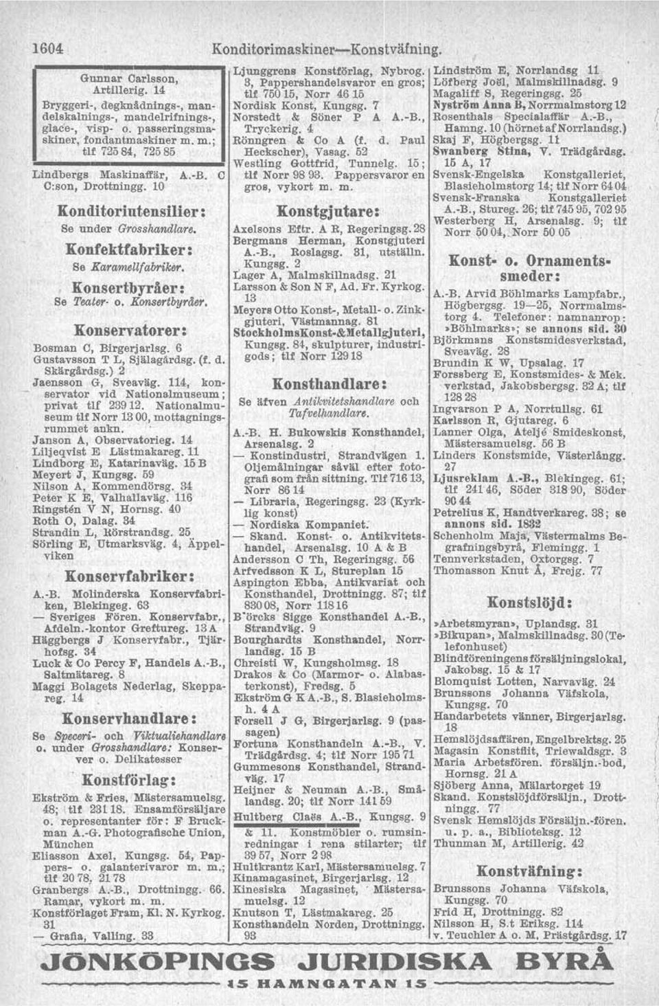 4 skiner, fondantmaskiner m. m.; Rönngren & Co A (f. d. Paul tlf 72584, 72585 Heckaoher), Vasag. 52 Lindbergs Maskinaffär, A.-H. C C:son, Drottningg.