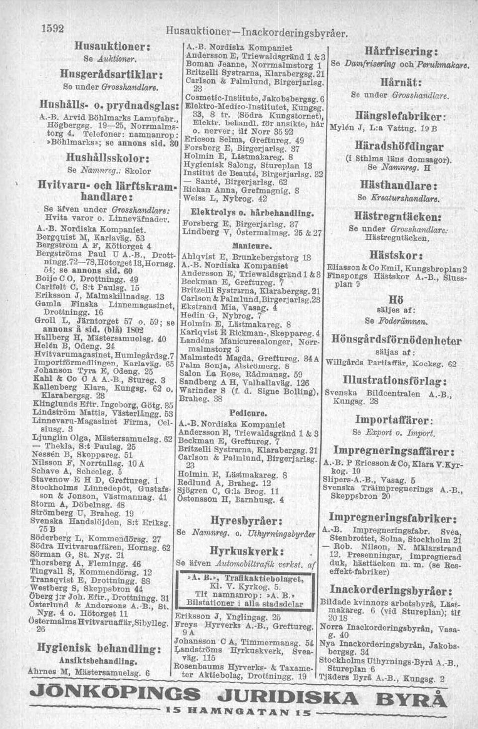 Bergquist M;, Karlaväg. 53 Bergström AF, Köttorget 4 Bergströms Paul U A.-B., Drottningg. 72-78, Hötorget 13,Hornsg. 54; se annons sid. 60 Boije O O, Drottningg. 49 Car1felt C, S:t Paulsg.