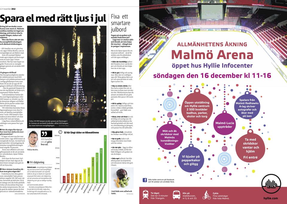 Som till exempel Malmö stads egen julgran på Stortorget som nu lyser upp i vintermörkret. Här har man kapat ungefär 50 procent av energiåtgången genom att använda LEDlampor.