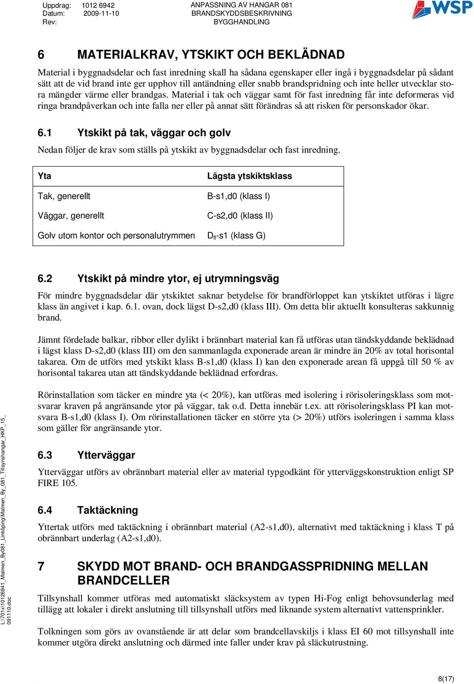 Material i tak och väggar samt för fast inredning får inte deformeras vid ringa brandpåverkan och inte falla ner eller på annat sätt förändras så att risken för personskador ökar. 6.