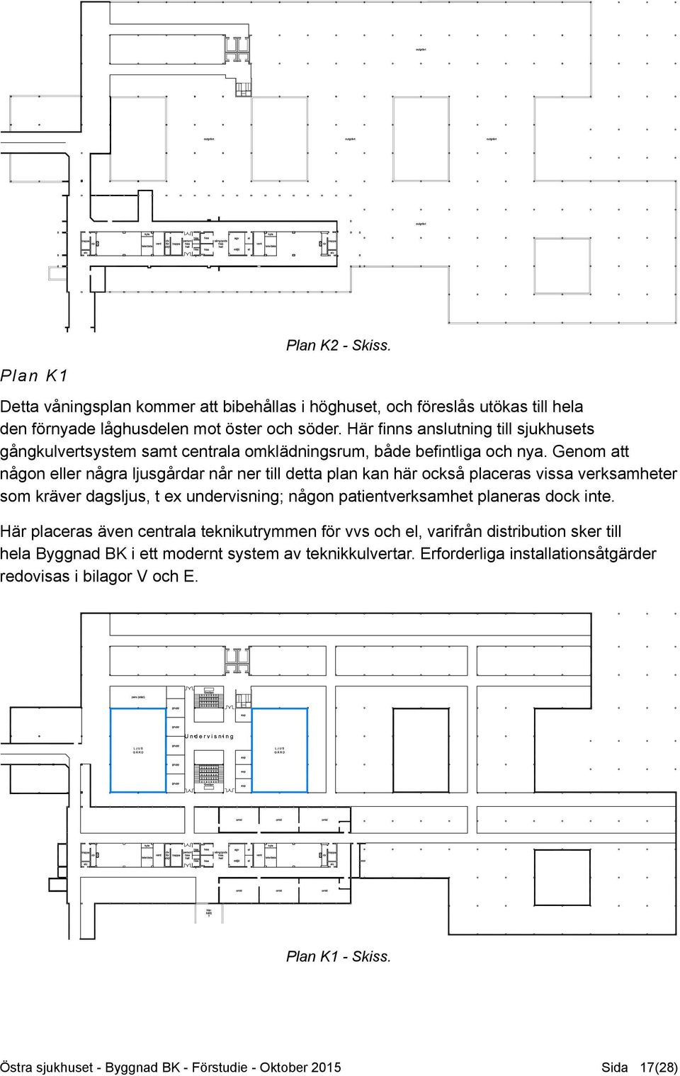 Genom att någon eller några ljusgårdar når ner till detta plan kan här också placeras vissa verksamheter som kräver dagsljus, t ex undervisning; någon patientverksamhet planeras dock