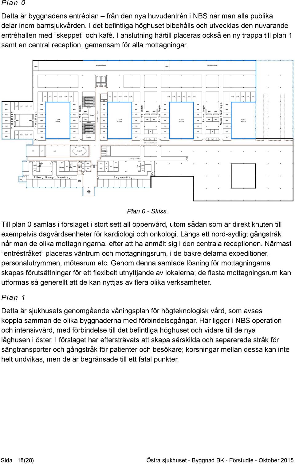 I anslutning härtill placeras också en ny trappa till plan 1 samt en central reception, gemensam för alla mottagningar. Plan 0 - Skiss.