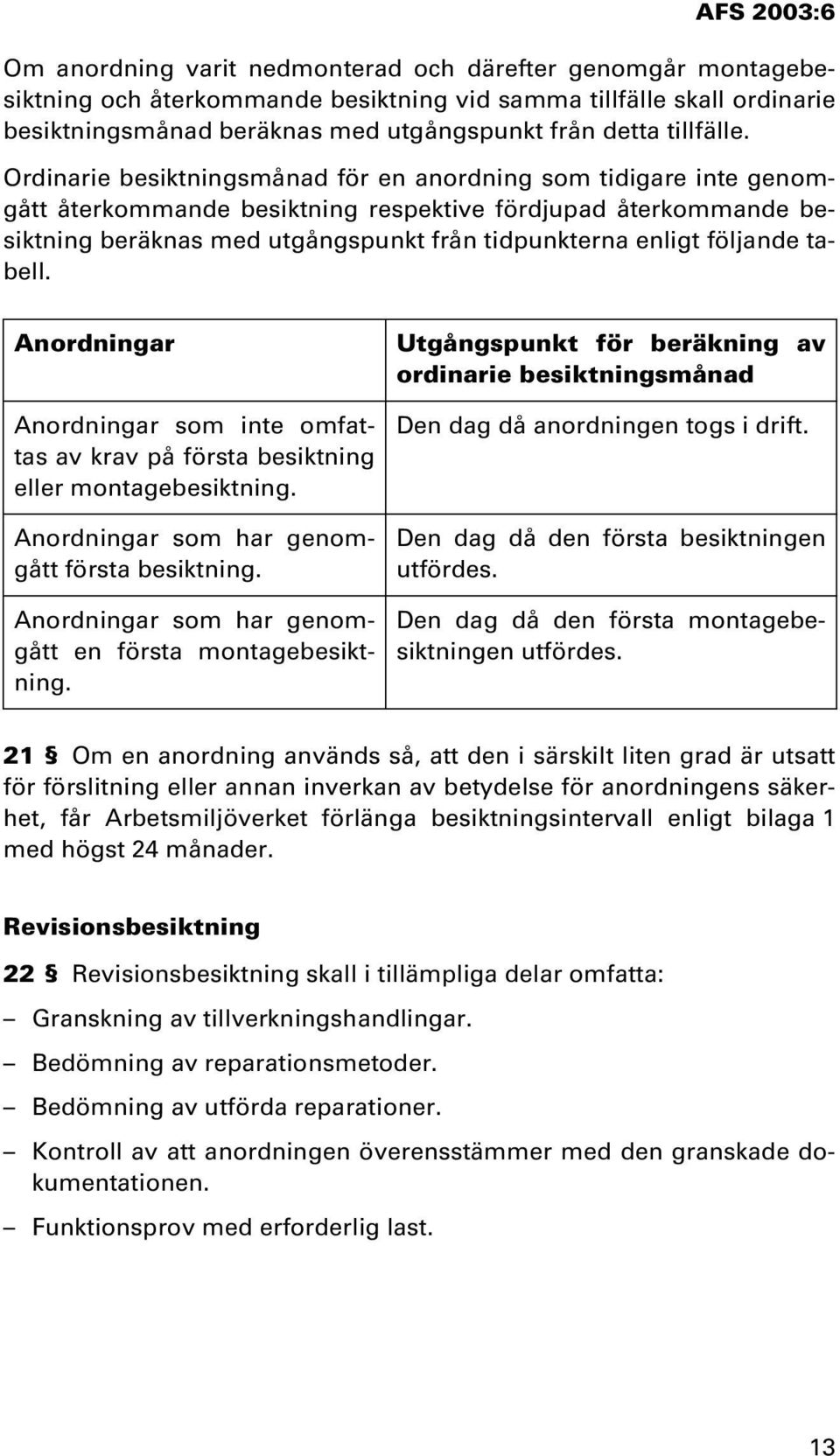 följande tabell. Anordningar Anordningar som inte omfattas av krav på första besiktning eller montagebesiktning. Anordningar som har genomgått första besiktning.