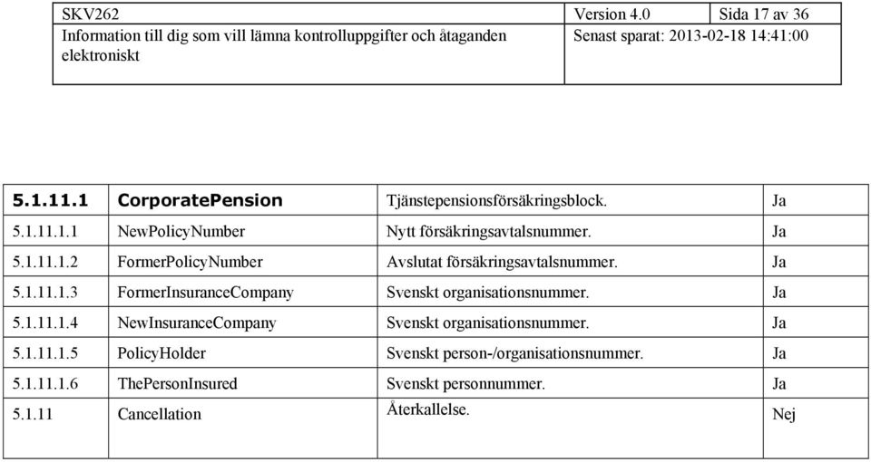 5.1.11.1.4 NewInsuranceCompany Svenskt organisationsnummer. 5.1.11.1.5 PolicyHolder Svenskt person-/organisationsnummer.