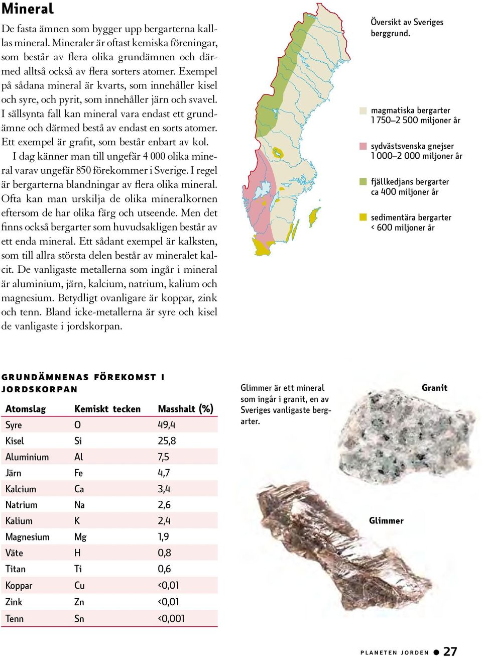 I sällsynta fall kan mineral vara endast ett grundämne och därmed bestå av endast en sorts atomer. Ett exempel är grafit, som består enbart av kol.