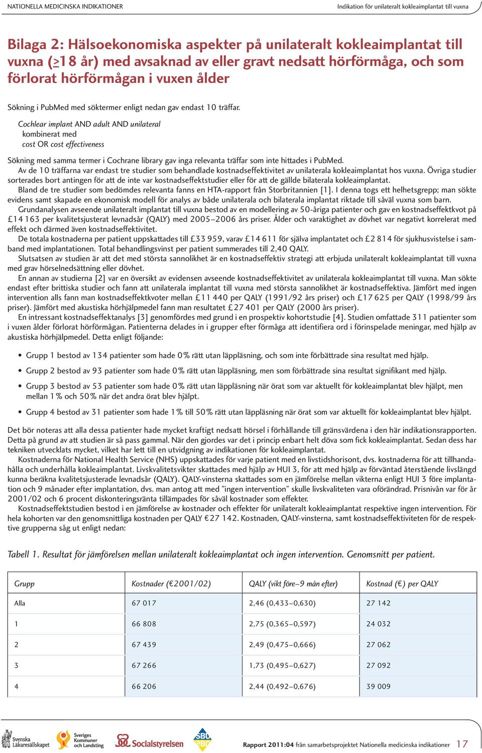 Cochlear implant AND adult AND unilateral kombinerat med cost OR cost effectiveness Sökning med samma termer i Cochrane library gav inga relevanta träffar som inte hittades i PubMed.