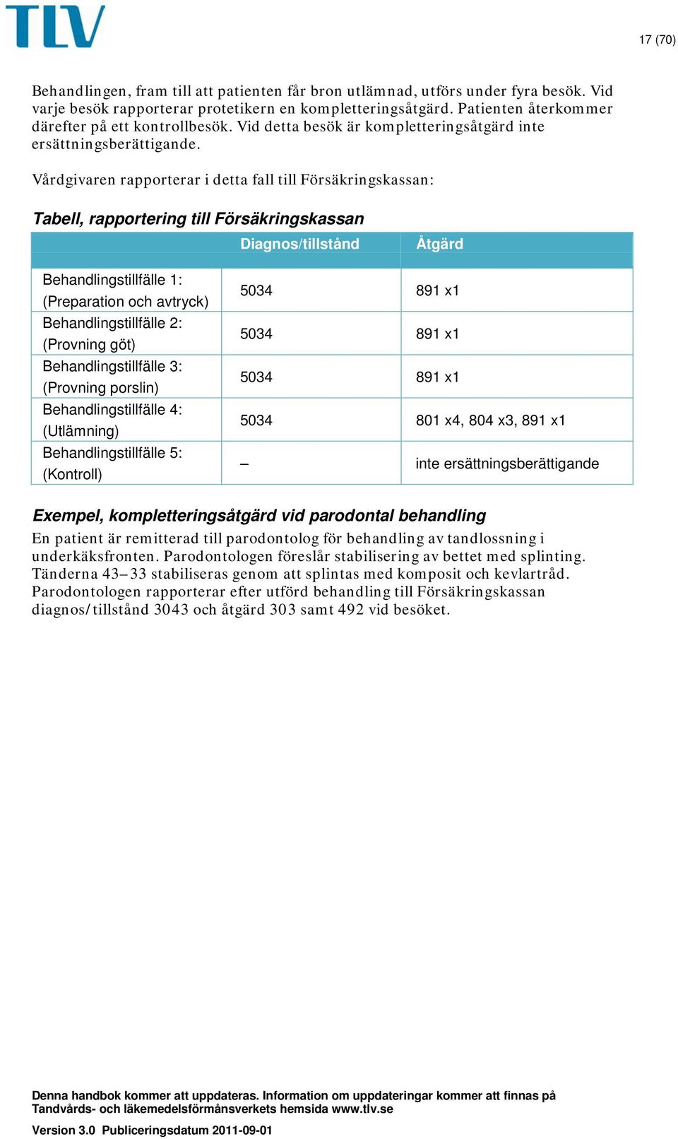 Vårdgivaren rapporterar i detta fall till Försäkringskassan: Tabell, rapportering till Försäkringskassan Diagnos/tillstånd Åtgärd Behandlingstillfälle 1: (Preparation och avtryck)